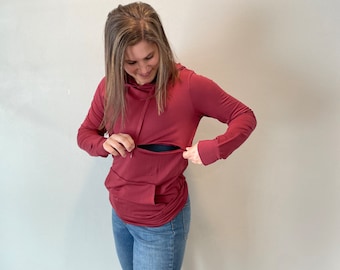 Burgundy Breastfeeding and pumping friendly sweatshirt, Nursing Sweatshirt, Zipper Breastfeeding Sweatshirt, Breastfeeding Pullover