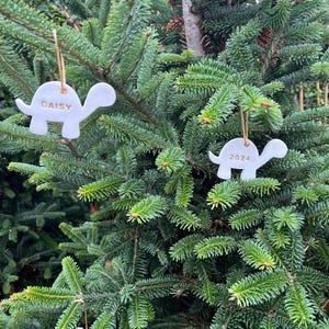 May include: Two white ceramic turtle ornaments hanging on a green Christmas tree. One ornament has the name "Daisy" and the other has the year "2024" in gold lettering. The ornaments are suspended by gold string.