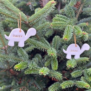 May include: Two white ceramic turtle ornaments hanging on a Christmas tree. One ornament has the name "DAISY" in gold lettering, and the other has the year "2024". Both are suspended by a thin, natural-colored string.