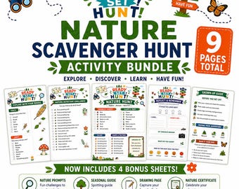 May include: A nine-page nature scavenger hunt activity bundle featuring colourful illustrations of binoculars, butterflies, and signs. The pages include checklists for senses, detective challenges, nature hunts, reflection prompts, and a grown-up guide.
