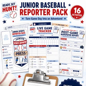 Peut inclure: Un pack de reporter de baseball junior comprenant 16 feuilles d'activités avec du texte bleu et rouge. Il inclut un pass de reporter sportif, un suivi de match en direct et un rapport de journal d'après-match avec des sections pour les scores.