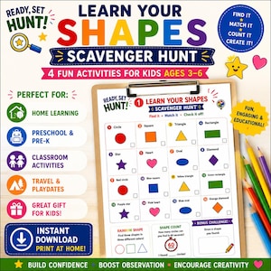 May include: A Learn Your Shapes Scavenger Hunt activity sheet on a clipboard. The sheet features sixteen numbered shapes including circles, squares, triangles, rectangles, stars, hearts, ovals, and diamonds in various colors with checkboxes for tracking.
