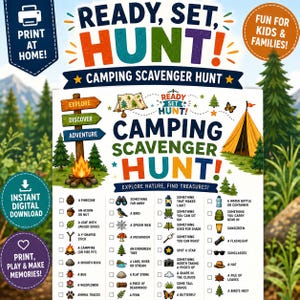 Op de afbeelding: Een printbaar kampeer-speurtocht spelblad met kleurrijke tekst die Ready, Set, Hunt! Camping Scavenger Hunt leest. De lijst bevat items om te zoeken zoals een dennenappel, eikel, vogel, spinnenweb, paddenstoel, kampvuur en diverse kampeeruitrusting.