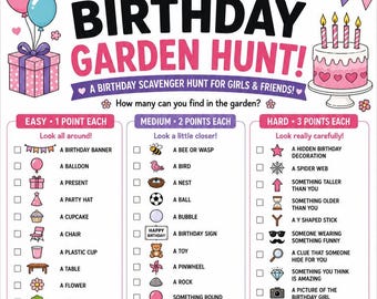 Birthday Garden Scavenger Hunt, Outdoor Kids Party Game (PDF)