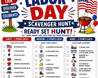 Labor Day Scavenger Hunt Printable Game, Kids Adults Party Activity (PDF Download)