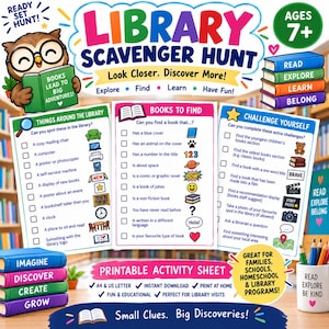 Peut inclure: Une fiche d'activité imprimable Library Scavenger Hunt colorée avec une mascotte de hibou, trois listes de contrôle intitulées Things Around The Library, Books To Find et Challenge Yourself, des piles de livres et le texte Ready Set Hunt.
