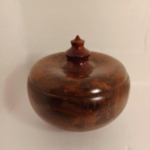 Lidded Wood Box. Wood turned lidded container. Hand turned candy dish. Coral Black Walnut burl and Manzanita wood box.