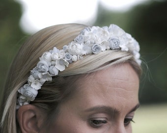 Bridal Headband with Delicate handmade clay flowers in white and light pastel blue. Floral Halo Crown| Bridesmaid| Wedding|Beaded Headband