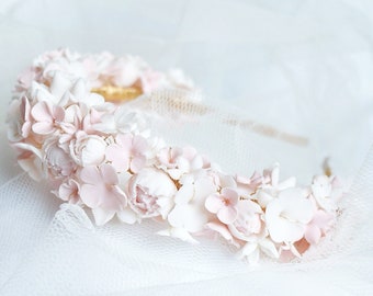 Floral Headband with Delicate handmade clay flowers in soft white and blush pink. Floral Halo Crown| Bridesmaid| Wedding|Beaded Headband