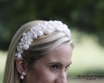 Bridal Headband with Delicate handmade clay flowers in soft white and pastel pink. Floral Halo Crown| Bridesmaid| Wedding|Beaded Headband