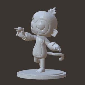 Op de afbeelding: Een wit 3D-geprint beeldje van een cartoon-aap met een stekelige staart en één oog. De aap staat op een ronde basis.