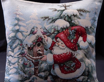 Christmas Woven Tapestry Cushion Cover, Snowy Cottage and Christmas Trees, 45x45 cm