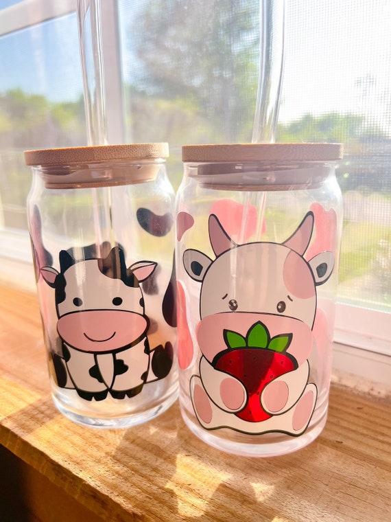 Cute Baby Black and Pink Cow Print Iced Coffee Cup, Glass Cup With Lid and  Straw, Glass Mason Jar With Lid and Straw, Iced Coffee Glass 