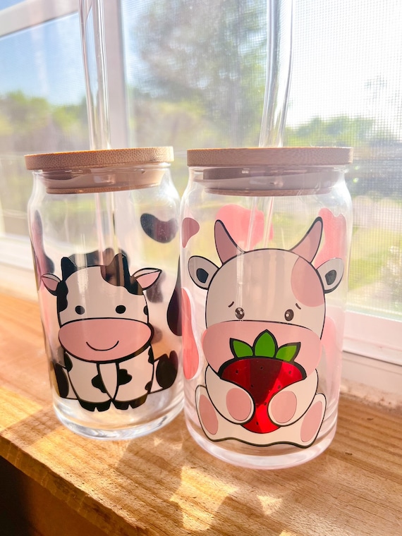 Cow Print Can Glass Cup, Iced Coffee Glass, Glass Coffee Cup