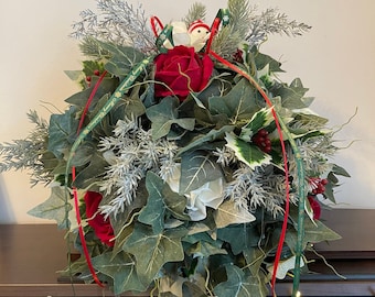 Christmas Flower Ball, with red roses, hydrangeas, holly, Ivy. Table centrepiece, table decor. Snowman