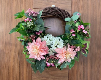 Spring/Summer wreath for front door with Artificial Silk Pink/Peach Silk Dahlias,artificial foliage,Japanese berries.Mothers day.