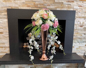 Floral Bouquet of artificial Peonies & roses,hand arranged in a Rose Gold metal conic vase.Centerpiece. Special Mothers day.