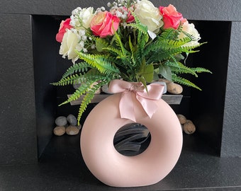 Floral Bouquet of artificial flowers, silk roses,hand arranged in an Old Rose/Pink Circular,donut ceramic vase.Mother’s Day