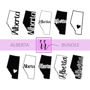 Puede incluir: Un conjunto de ocho archivos de corte digital en blanco y negro que presentan el contorno de la provincia de Alberta, Canadá. Algunos de los archivos incluyen la palabra "Alberta" escrita en una fuente estilizada. Un archivo incluye una forma de corazón.