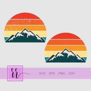 Retro Mountain Sunset SVG | Distressed Striped Circle Cut File (Instant Download)