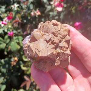 May include: A brown and purple crystal cluster with a rough, textured surface. The crystal is in the shape of a pyramid with multiple points.