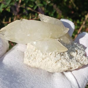 May include: A cluster of translucent, white, calcite crystals on a bed of white, granular matrix. The crystals are sharp and pointed, with a slightly yellow hue.