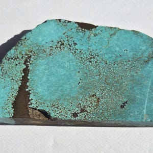 May include: A polished turquoise gemstone with a natural, irregular shape. The stone features a vibrant blue-green colour with dark brown matrix patterns and a textured surface. The gemstone is displayed on a white background.