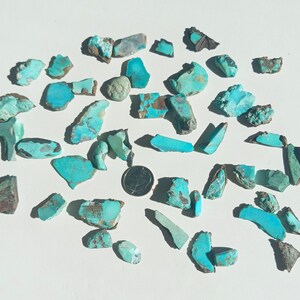 AA grade natural Turquoise over 40 pcs preforms and end cuts, 70g! Good for inlays, earrings, etc. Nice color and variety for this price.