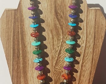 Beautiful vintage southwest silver bead & disk 16" choker. Discs of turquoise, sugilite, lapis, spiny oyster, malachite and more. Hand made.