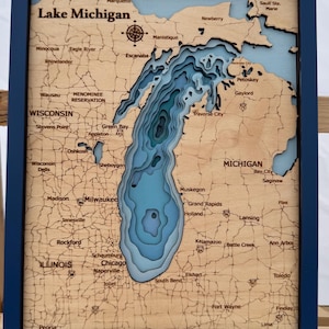 Lake Michigan 11 layers map, depth map, customized wood map, contour, nautical wall map, detailed depth of Lake Michigan, layered lake map,