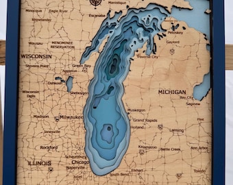Lake Michigailien Tiefe Karte, Seekarte, Holz Topographie Karte, Great Lakes Dekor, Geschenk für