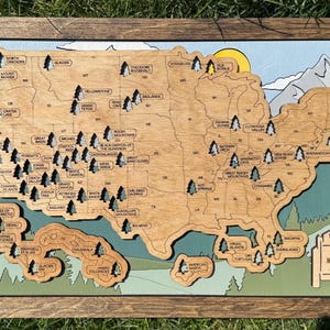 Kaart van nationale parken, reisplanner VS, roadtrip met het gezin, avonturenkaart, Amerikaanse parken, wandelparken, houten kaart, gepersonaliseerd cadeau, puzzel