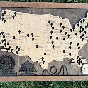 Amusement park travel tracker, theme park map, roller coaster challenge , travel map, wood map,  US Travel Tracker, personalized gift