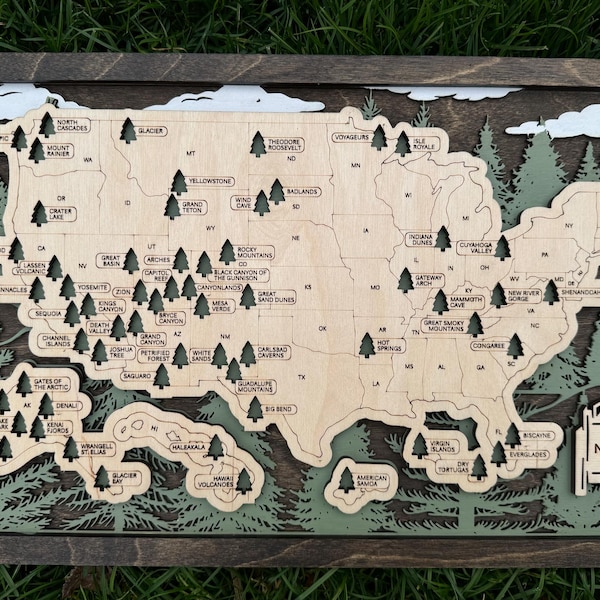 Mapa de Parques Nacionales, Mapa turístico de parques nacionales, parques, mapa de madera, Rastreador de viajes personalizado de EE. UU., Decoración para acampar, regalo personalizado