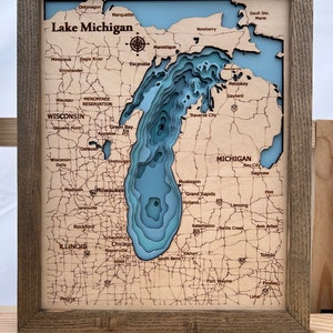 Mappa del lago Michigan a 11 strati, mappa di profondità, mappa in legno personalizzata, contorno, mappa murale nautica, profondità dettagliata del lago Michigan, mappa del lago a strati,