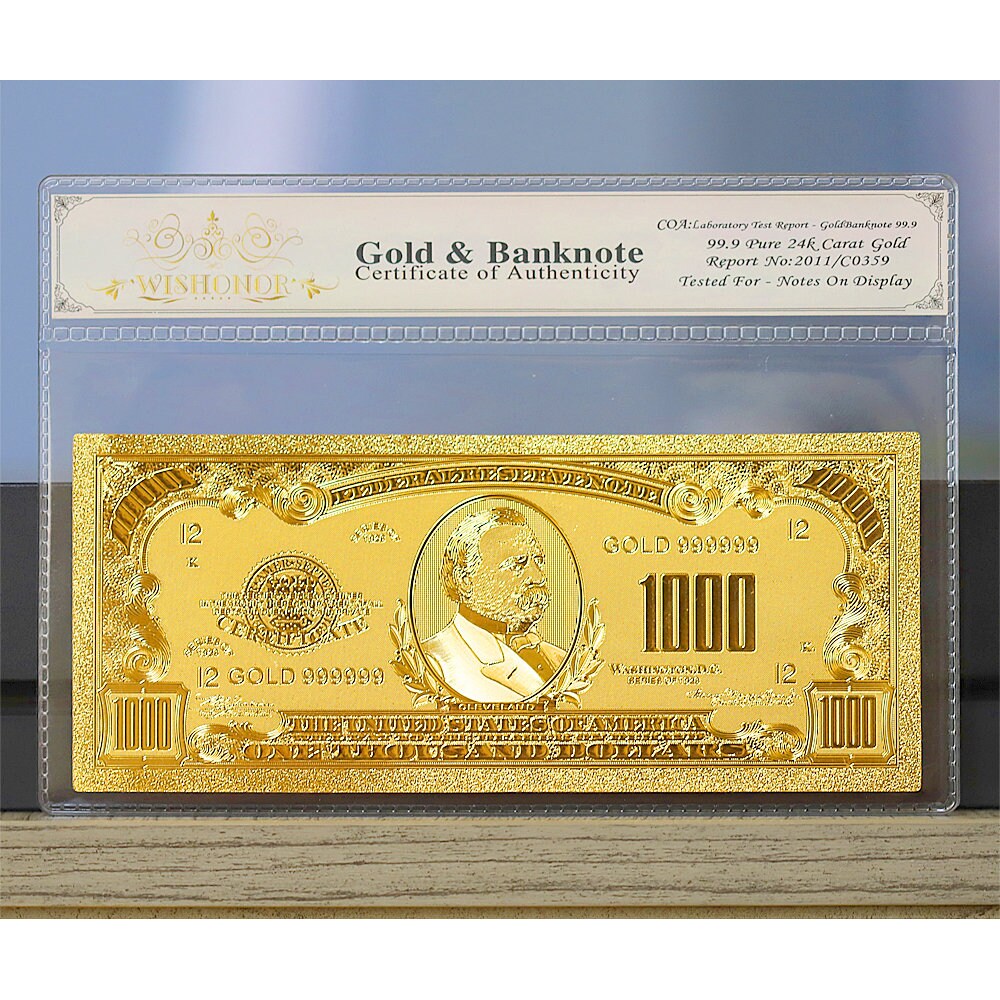 Billete de 1000 dólares de oro de 24 quilates de 100 mg, certificado de oro  de 1928 con certificado de autenticidad blanco. - Etsy España