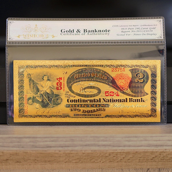 100mg 24K Gold 1875 2 Two Dollar Bill National Currency Banknote with White COA