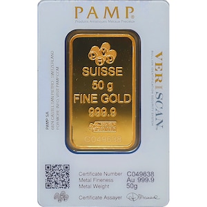 May include: A gold bar with the words "SUISSE 50 g FINE GOLD 999.9" on it. The bar is in a clear plastic case with a white background. The case has the words "PAMP Produits Artistiques Metaux Precieux" and "VERISCAN BULLION IDENTIFICATION SECURITY SYSTEM" on it.