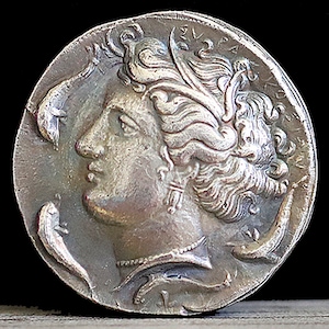 405-370 BC Large Ancient Greek Coin Sicily Syracuse Gallatin Dekadrachm 34mm