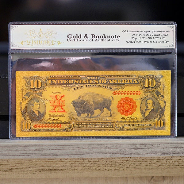 100mg 24K Gold 1901 10 Ten Dollars Bison Legal Tender Currency with White COA