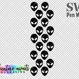 May include: Black and white SVG pen wrap design featuring a repeating pattern of alien heads. The text "SVG Pen Wrap" is in the upper right corner of the image. The text "adventure awaits journaling" is in the lower left corner of the image.