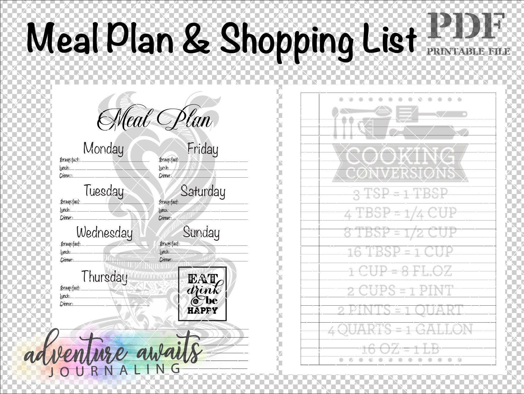 Meal Plan PDF, Printable Meal Plan, Shopping List PDF - Etsy