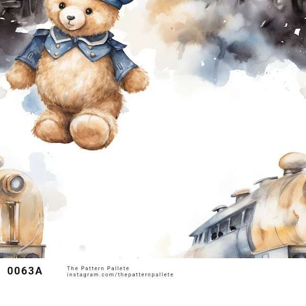 Adorable Children's Stuffed Animal Theme Art: Teddy and Train Decor for Baby's Nursery and Kids' Rooms, Wallpaper and Onesie Design