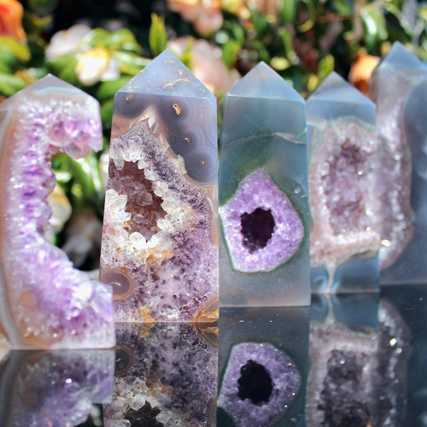 Rare Gemmy Blue Agate and Amethyst Druzy Towers from Uruguay, 8-16cm, Luxury Home Accessories, Crystal Gifts for Her, Self Stand Crystal