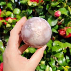 Silky Pink Amethyst Sphere with Flower Agate on Stand, 67mm, Crystal on Stand, Crystal Gifts for Her Christmas Gifts Ornament Gifts Birthday