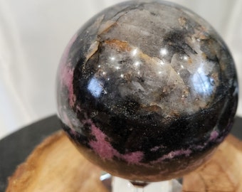 Large Rhodonite Sphere with Stand, 83mm, 1.06kg, Crystal Sphere, Home Decor, Crystal Ball on Stand, Crystal Gift, Healing Crystal