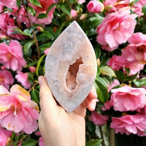 May include: A light pink and white agate geode with a large, open cavity. The geode is shaped like a teardrop and has a smooth, polished surface.