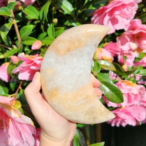 Sparkly Peach Pink Amethyst Moon with Clear Quartz Crystal on Stand 768g Home Decor Crystal Gifts for Her Christmas Gifts Birthday Gift