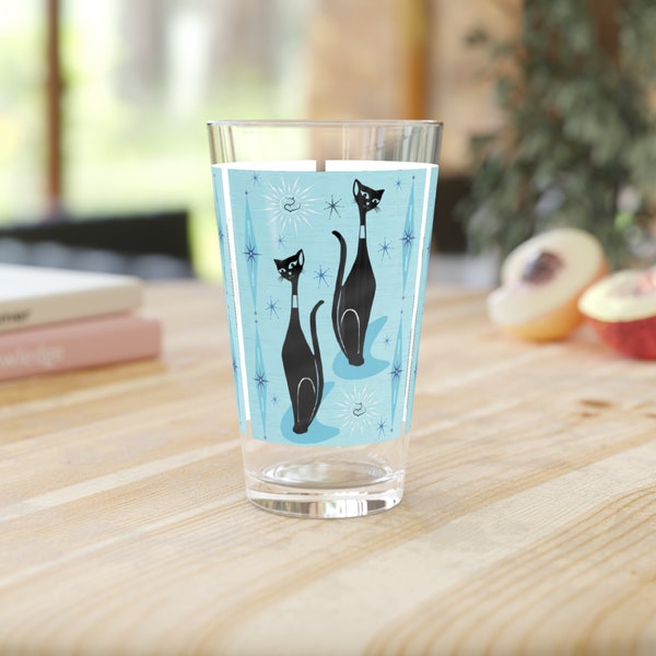 Blue atomic cat Pint Glass, 16oz, retro pint glass, mid-century modern pint glass,