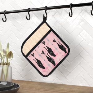 atomic cat pot holder, pink atomic cat pot holder, mic-century pot holder, Pot Holder with Pocket